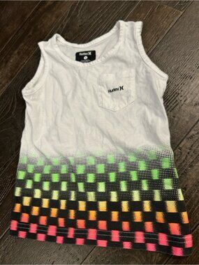 Hurley White Tank Top with Neon Green Yellow Orange Pink Checker Print